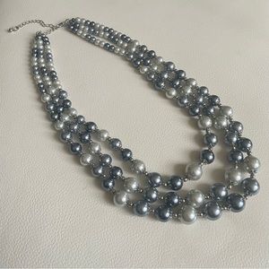 RARE Three Row Grey Pearl Long Necklace